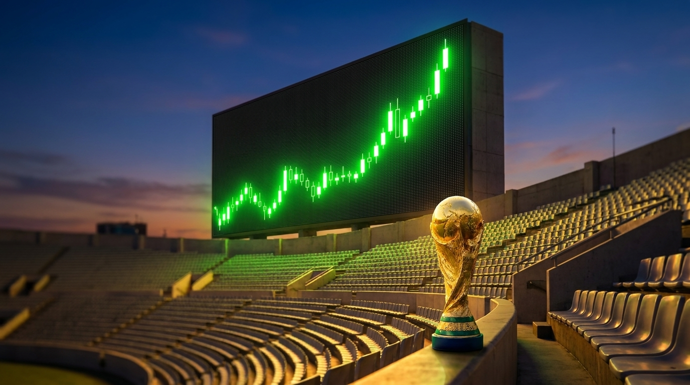 Trophy beside a stadium jumbotron with a bright green rising chart