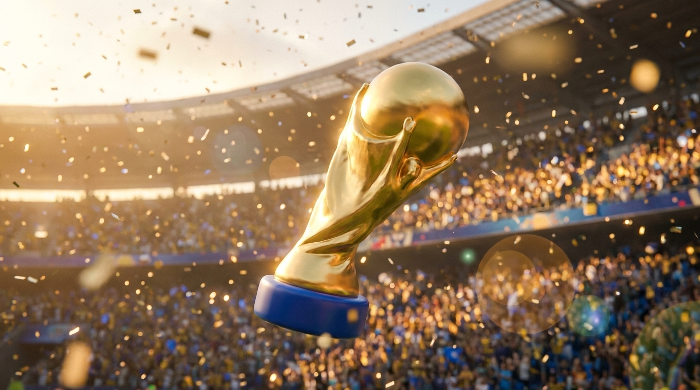 Golden trophy rising over a stadium crowd in confetti at golden hour