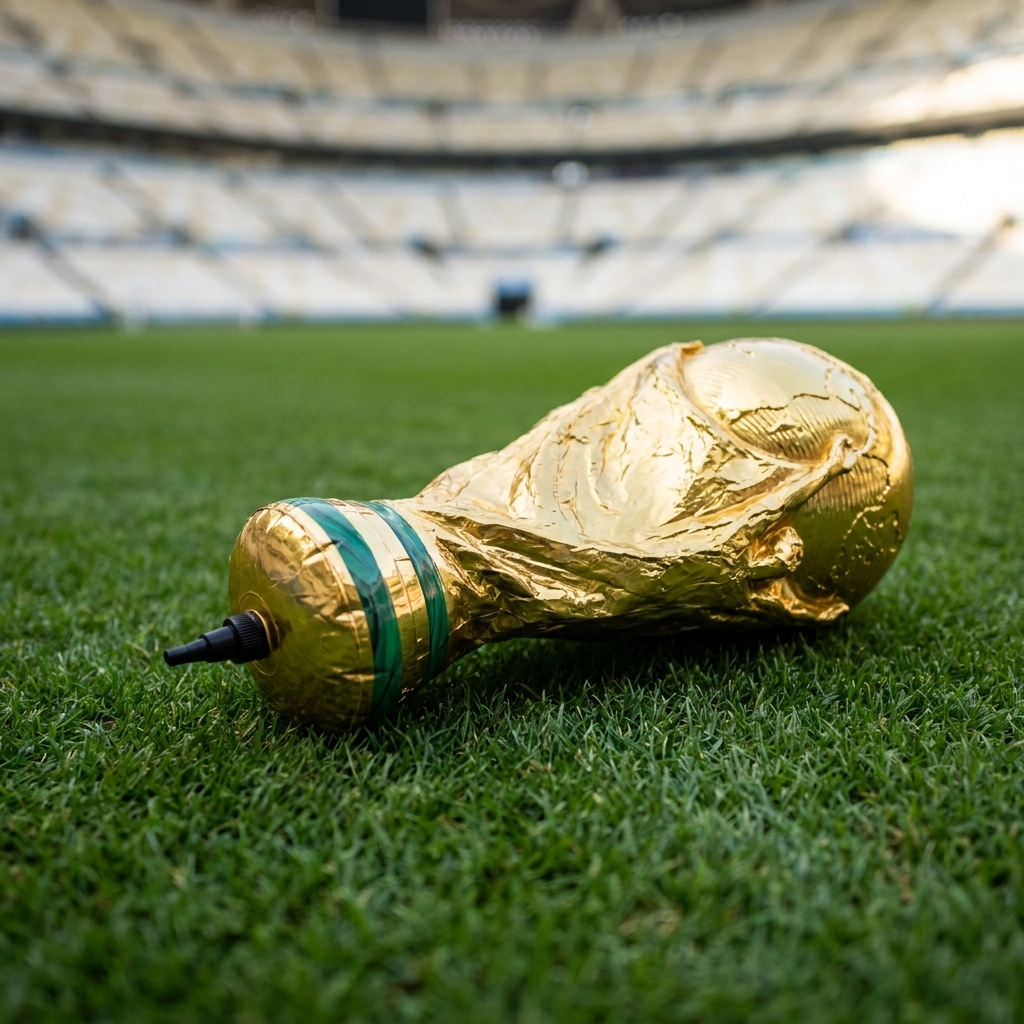 Deflated trophy inflatable lying flat on stadium grass