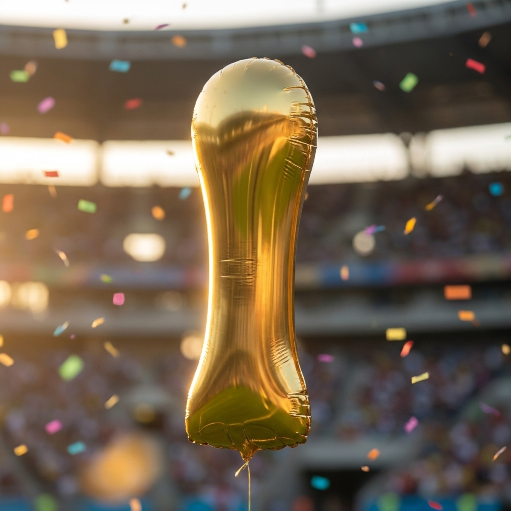 Fully upright golden balloon in a stadium with confetti