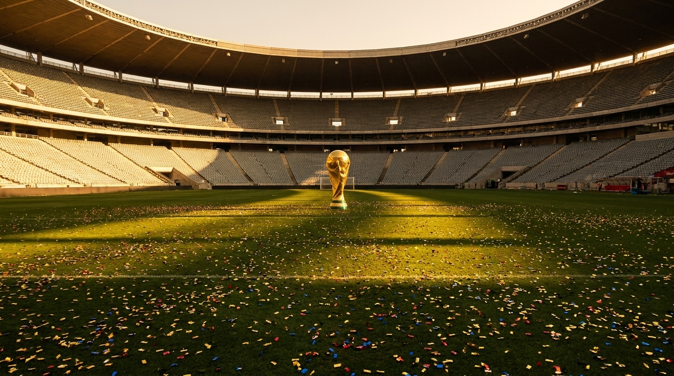Empty stadium with a single trophy standing at dawn